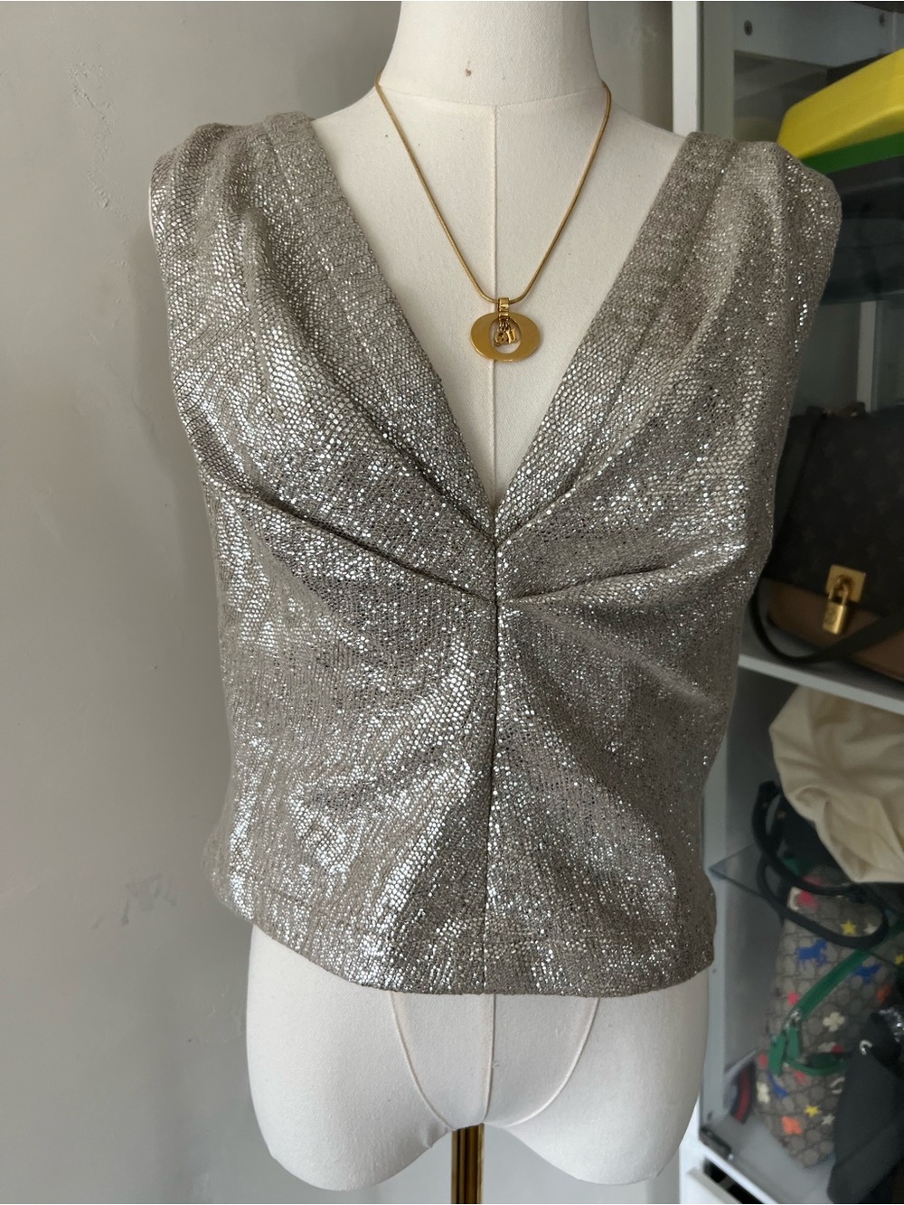 IRO Silver Metallic V-Neck Sleeveless Camisole
